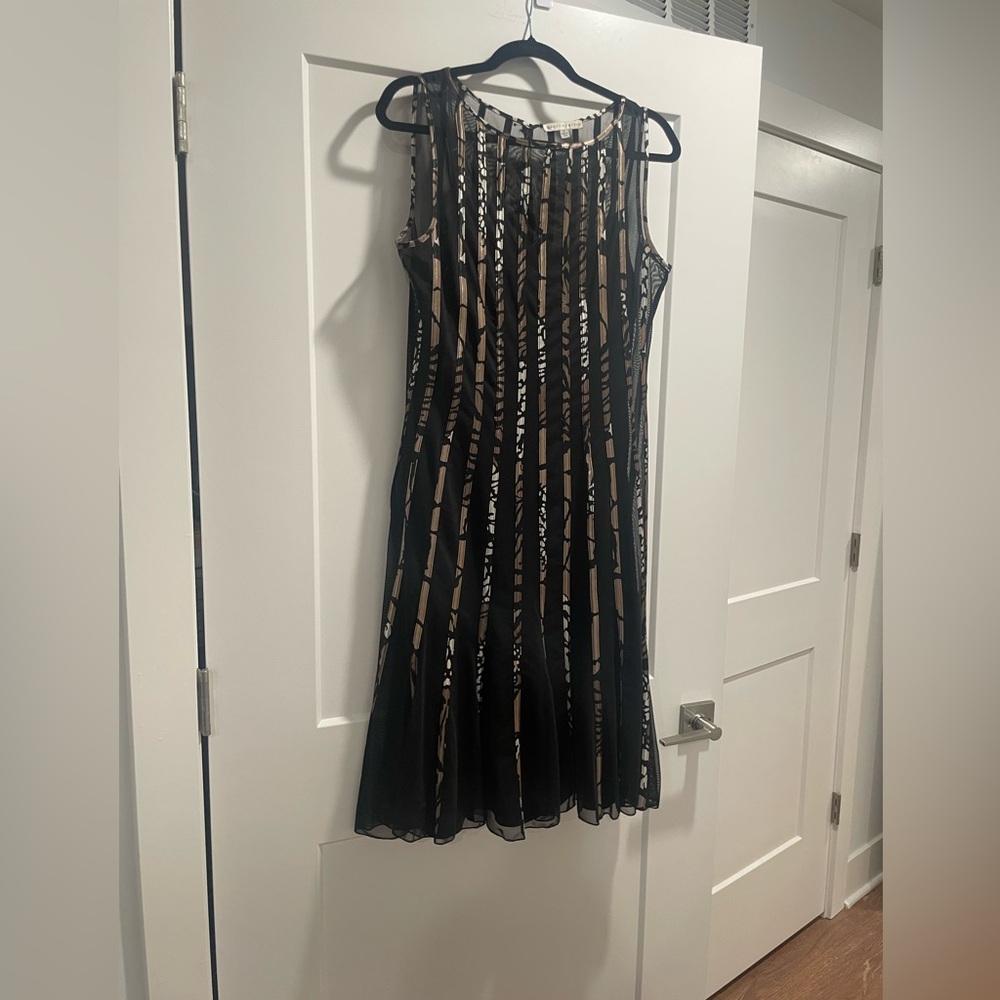 Sandra Darren Black and Beige Animal Print Stripes Midi Dress